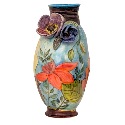 MARIA COUNTS - MONARCH BUTTERFLY W FLOWERS VASE - CERAMIC - 7.5 X 12