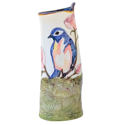 MARIA COUNTS - BLUEBIRD & ROSES VASE - CERAMIC - 4 X 10