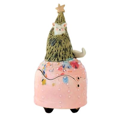 MARIA COUNTS - CAT & XMAS TREE TRINKET BOX - CERAMIC - 3 X 5.5 X 3
