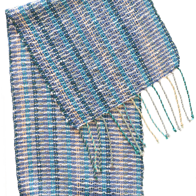 DEANNA DEEDS - TEAL/WHITE LENO WOVEN SCARF - FIBER