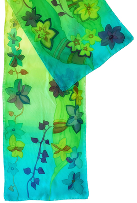 IRINA DOROFEEVA - YELLOW & LIME GREEN FLORAL SILK SCARF - FIBER - 14" x 72"