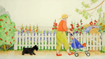 JANE DYER - WOMAN, DOG AND CHILD IN GARDEN - WATERCOLOR - 20.25 x 11.25