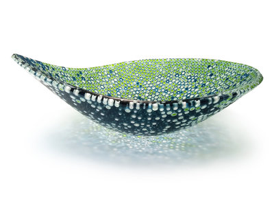 JOSEPH ENSZO - AQUAMARINE AND SPRING GREEN MURRINE GLASS BOWL - GLASS - 11 X 9.5 X 4