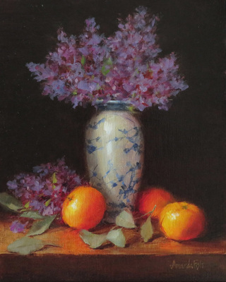 AMANDA FISH - ORANGE GLOW WITH LILACS - OIL ON LINEN - 8.5 X 11