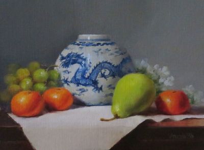 AMANDA FISH - DRAGON BOWL WITH FRUIT - OIL ON CANVAS - 9 x 12