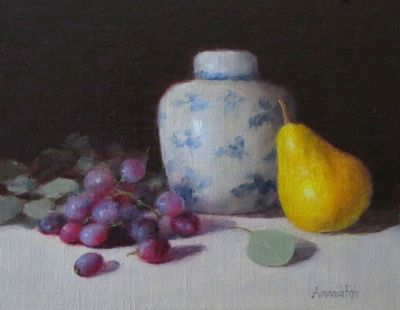AMANDA FISH - GINGER JAR, PEAR & GRAPES - OIL ON CANVAS - 8 x 10