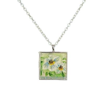 TERRI GALLO - WHITE FLORALS W/ BEADS PAINTED NECKLACE - WATERCOLOR