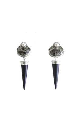 BILL GALLAGHER - PEARL, GRANITE, BLK ONYX STERLING SILVER EARRINGS - STERLING & GEMSTONE