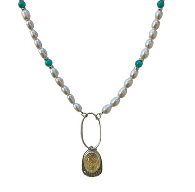 BILL GALLAGHER - STERLING SILVER NECKLACE WITH RUTILATED QTZ, FRESH WATER PEARLS & TURQUOISE - STERLING & GEMSTONE