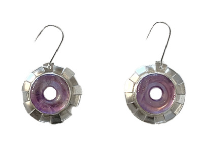 BILL GALLAGHER - STERLING SILVER GEAR EARRINGS WITH AMETHYST - STERLING & GEMSTONE