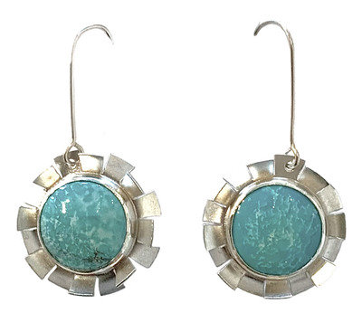 BILL GALLAGHER - STERLING SILVER GEAR EARRINGS WITH TURQUOISE - STERLING & GEMSTONE