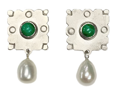 BILL GALLAGHER - SQUARE MALACHITE & PEARL EARRINGS - STERLING & GEMSTONE