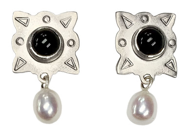 BILL GALLAGHER - SQUARE BLACK ONYX & WHITE PEARLS - STERLING & GEMSTONE