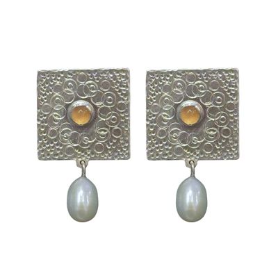 BILL GALLAGHER - SQUARE SILVER EARRINGS W/ STAMPED CIRCLES - STERLING & GEMSTONE