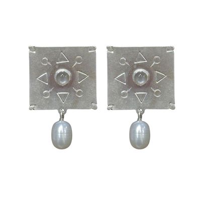BILL GALLAGHER - SQUARE SILVER EARRINGS W/ STAMPED TRIANGLES - STERLING & GEMSTONE