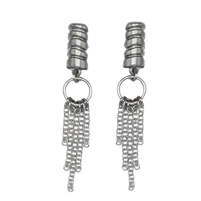 BILL GALLAGHER - CARVED STERLING SILVER EARRING W/ STERLING CHAIN FRINGE - STERLING