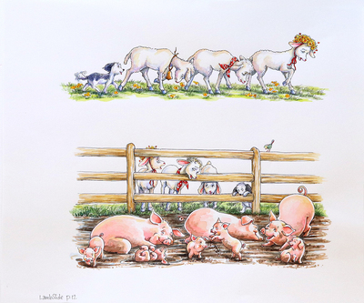 ROBIN PREISS GLASSER - PIGS AND LAMBS - MIXED MEDIA ON PAPER - 9.5 X 9