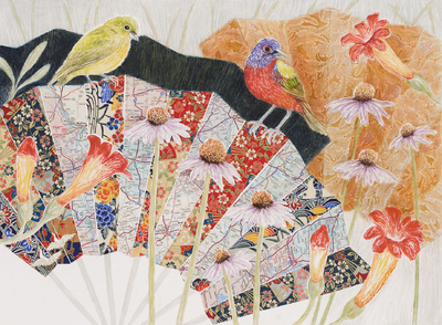 ANITA HECKMAN - PAINTED BUNTINGS - MIXED MEDIA ON PAPER - 16 5/8 X 12 1/8