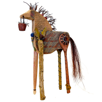 BRIDGET HOFF - "ROSIE" HORSE W/ BUCKET SCULPTURE - MIXED MEDIA - 8 X 2 X 12
