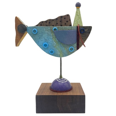 BRIDGET HOFF - FISH SCULPTURE W/ LIGHT BLUE BUTTONS - MIXED MEDIA - 7.5 X 10.5 X 3.75