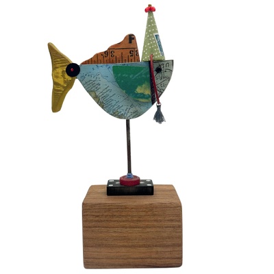 BRIDGET HOFF - FISH SCULPTURE W/ FLOWER TASSLE HAT - MIXED MEDIA - 4 X 10.5 X 4