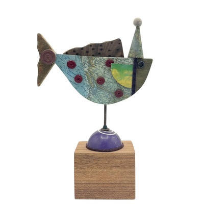 BRIDGET HOFF - FISH SCULPTURE W/ RED BUTTONS - MIXED MEDIA - 6.5 X 10.5 X 2.5