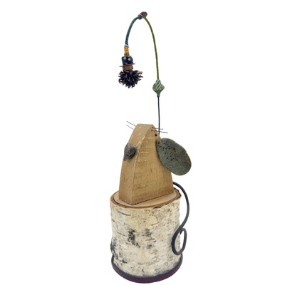 BRIDGET HOFF - MOUSE ON TREE STUMP SCULPTURE - MIXED MEDIA - 3 X 9.5 X 3