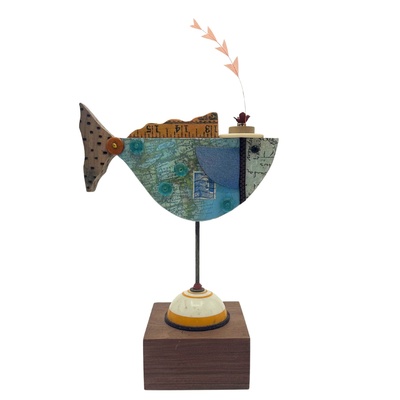 BRIDGET HOFF - FISH SCULPTURE W/ HAT & FEATHER - MIXED MEDIA - 7 X 11.5 X 3.5