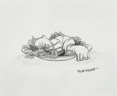 BRETT HELQUIST - BABY SLEEPING IN SALAD BOWL - GRAPHITE - 7.875 X 6.5