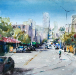 JULIE HILL - SAN FRANCISCO, RIDING THROUGH THE WHARF - WATERCOLOR - 12 X 12