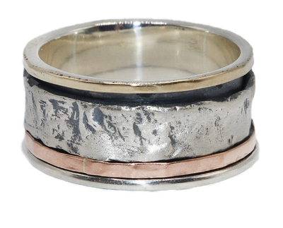 ITHIL METALWORKS - HAMMERED SILVER, GOLD & ROSE GOLD SPINNER RING - SILVER & GOLD