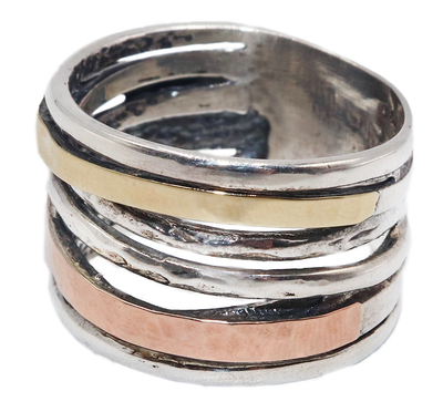 ITHIL METALWORKS - STERLING, ROSE & YELLOW GOLD CRISCROSS RING - STERLING & GOLD - 7 1/2