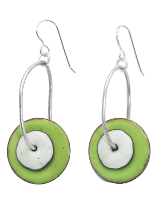 JOANNA CRAFT - GREEN ROUND ENAMEL DROP EARRINGS W/ WHITE ACCENT - ENAMEL & SILVER