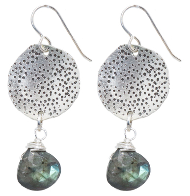 JOANNA CRAFT - ROUND HAMMERED SILVER EARRING W/ LABRADORITE - SILVER & GEMSTONE