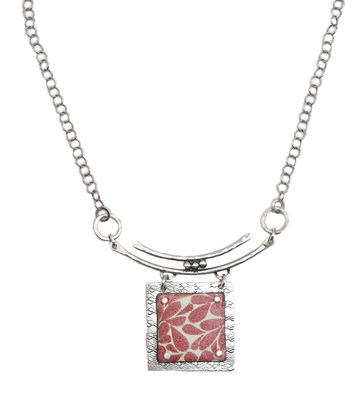 JOANNA CRAFT - PINK FLORAL ENAMEL AND SILVER SQUARE ON BAR NECKLACE - SILVER & ENAMEL