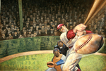 JOHNSON AND FANCHER - HITTING BALL WITH  FANS - MIXED MEDIA ON PAPER - 23 X 15.5