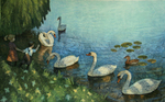 JOHNSON AND FANCHER - KIDS FEEDING SWANS - MIXED MEDIA ON PAPER - 22.5 X 14