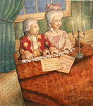 JOHNSON AND FANCHER - MOZART & MARIA AT PIANO - MIXED MEDIA ON CANVAS - 13 X 15.5