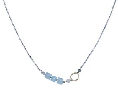 JESSICA AND IAN GIBSON - AQUA CHALCEDONY W 14 GOLD FILL CIRCLE AND GREY PEARL ON OXIDIXED STERLING CHAIN - SILVER GOLD & GEMSTONE