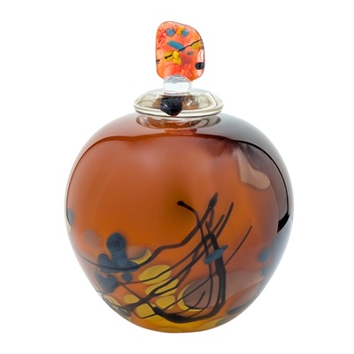 JON OAKES - DARK ORANGE LIDDED VESSEL - GLASS - 6 X 8 X 6