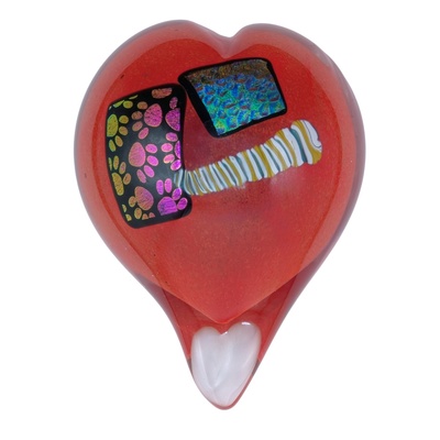 JON OAKES - PAW PRINT DICHRO HEART PAPERWEIGHT - GLASS - 3.5 X 4.5 X 2.5