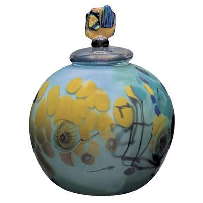 JON OAKES - DICHROIC BLUE LIDDED VESSEL - GLASS - 6 X 8 X 6