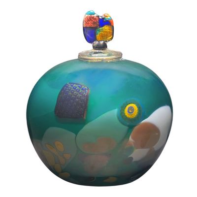 JON OAKES - PEACOCK GREEN LIDDED VESSEL - GLASS - 7.5 X 8 X 7.5
