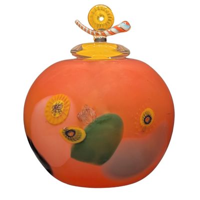 JON OAKES - VIBRANT ORANGE LIDDED VESSEL - GLASS - 8 X 8.5 X 8