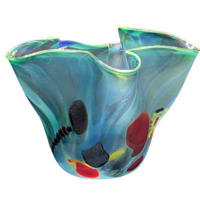 JON OAKES - TEAL ABSTRACT FLUTED VASE - GLASS - 11 X 9.5 X12