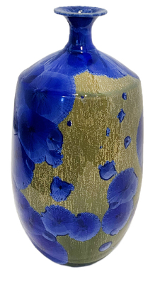 JERRY SAWITZ - BLUE & GOLD CRYSTALLINE GLAZE FLARE BOTTLE - CERAMIC - 5 X 5 X 11