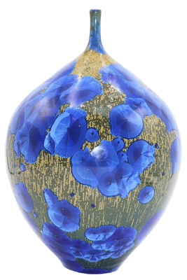 JERRY SAWITZ - BLUE & GOLD CRYSTALIZED GLAZE ROUND BOTTLE - CERAMIC - 7 X 7 X 11.5