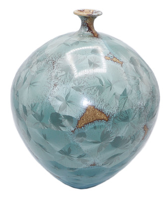 JERRY SAWITZ - ROUND BLUE CRYSTALLINE GLAZED FLARE NECK - PORCELAIN - 8 X 11 X 8