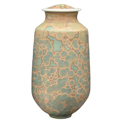 JERRY SAWITZ - TEAL / TAUPE LIDDED VASE - PORCELAIN - 5.5 X 11.5 X 5.5