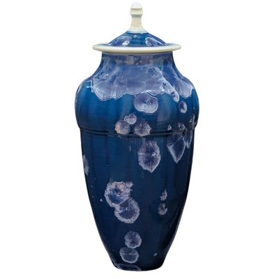 JERRY SAWITZ - MARINE BLUE LIDDED VASE - PORCELAIN - 6 X 13 X 6